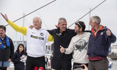 congratulation during Finish arrival of Sebastien Destremau (FRA), skipper Technofirst Face Ocean,18th of the sailing circumnavigation solo race Vendee Globe, in Les Sables d'Olonne, France, on March 10th, 2017 - Photo Olivier Blanchet / DPPI / Vendee Globe