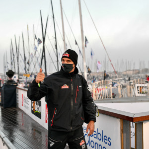 Skipper Jeremie Beyou, Charal, is portraited at pontoons before the start of the Vendee Globe