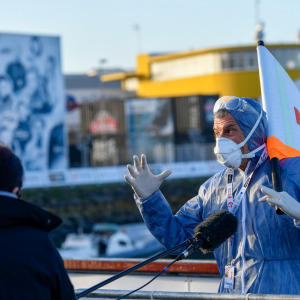 Skipper Sebastien Destremau, Merci, is portraited at pontoons before the start