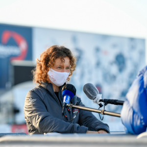 Skipper Isabelle Joschke, MACSF, is portraited at pontoons before the start of the Vendee Globe