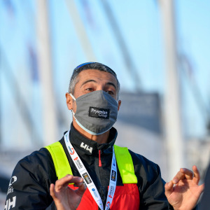 Skipper Giancarlo Pedote, Prysmian Group, is portraited at pontoons before the start of the Vendee Globe