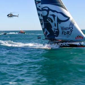 Charal, skipper Jeremie Beyou (FRA) is leading the fleet after the start of the Vendee Globe