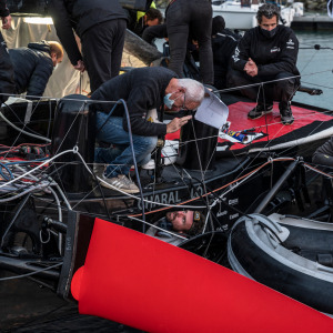 Team is working to repair damages on the boat Charal for skipper Jeremie Beyou