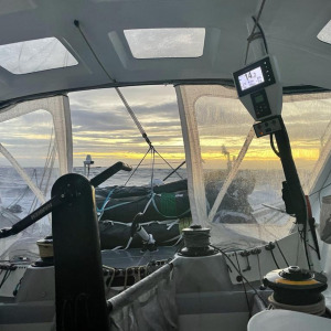 Nice picture of the Seaexplorer - YC of Monaco cockpit with a sunset on the horizon