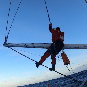 Isabelle Joschke climbed into her outrigger to repair the shroud sheathing