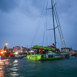 The IMOCA Campagne de France reaching Port Olona