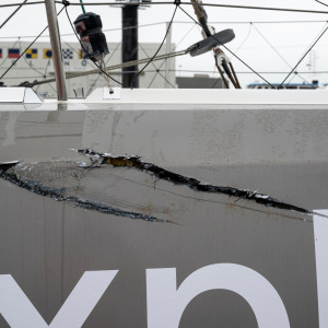 The IMOCA Seaexplorer - Monaco YC after its collision with the trawler