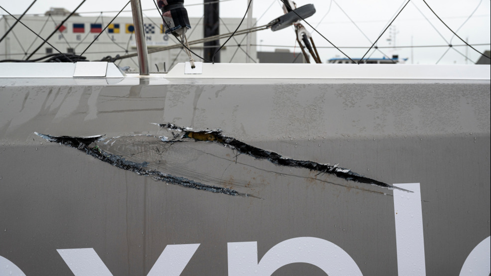 The IMOCA Seaexplorer - Monaco YC after its collision with the trawler